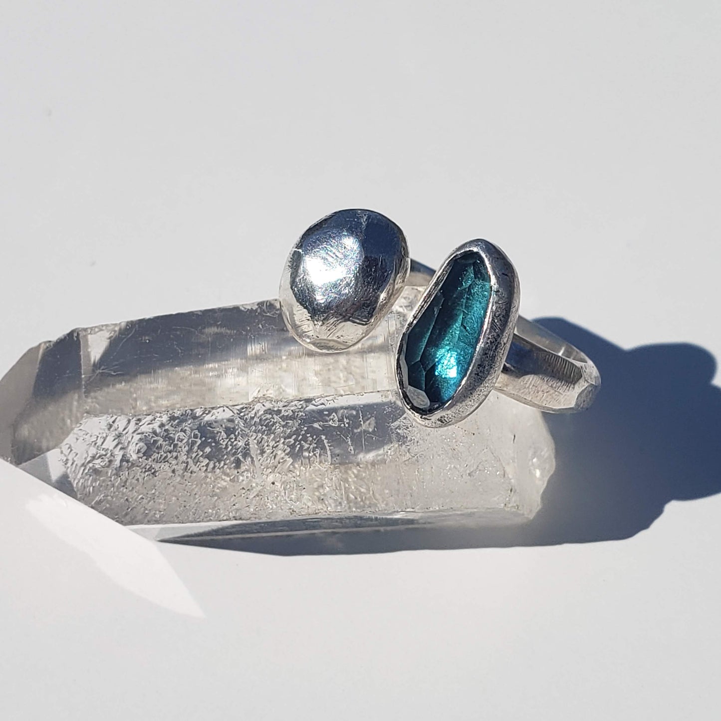 Watermelon Tourmaline Open ring in sterling silver and with a sterling silver faceted pebble