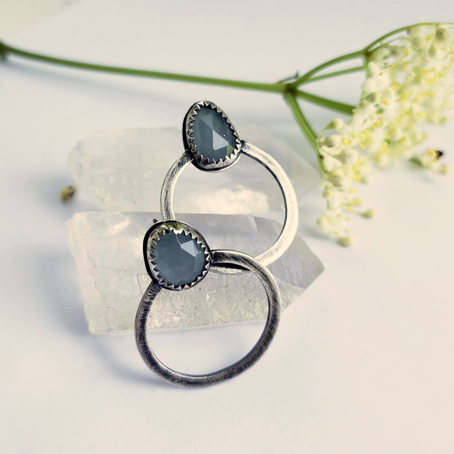 Aquamarine rose cut stones set in sterling silver circles. Gemstone Studs, handmade and one of a kind.