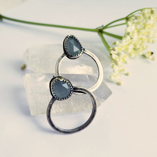 Aquamarine rose cut stones set in sterling silver circles. Gemstone Studs, handmade and one of a kind.