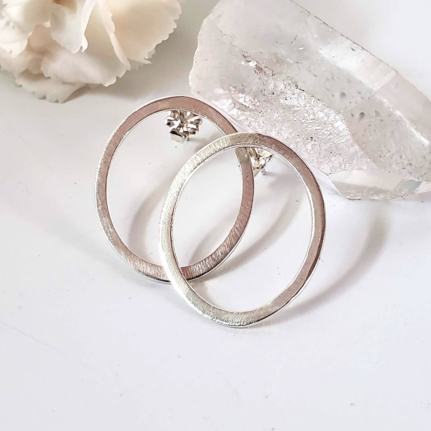 Handmade flat sterling silver circle hoop studs