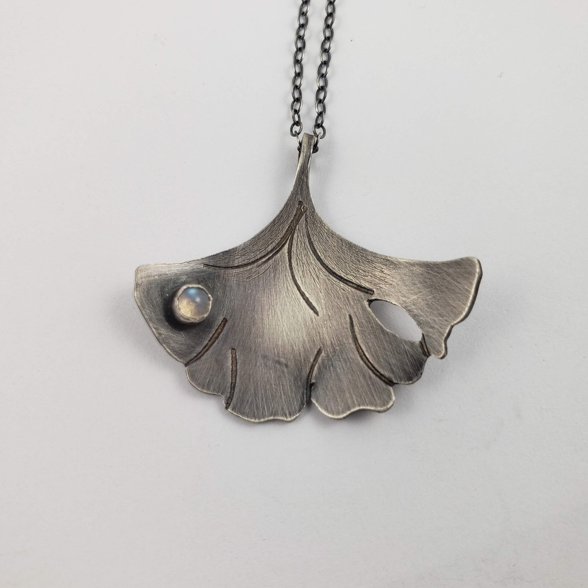 Gingko Leaf Necklace with Moonstone in Sterling Silver