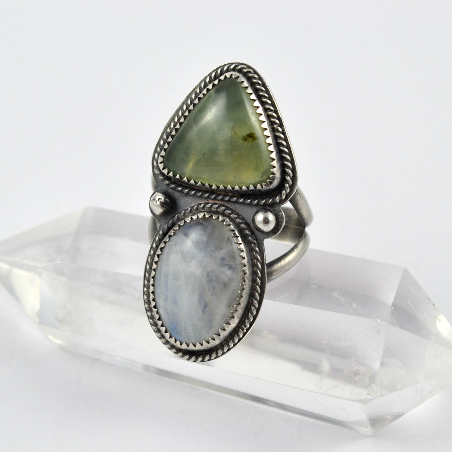 Prehnite and Moonstone Dual Stone Ring - Gemspell