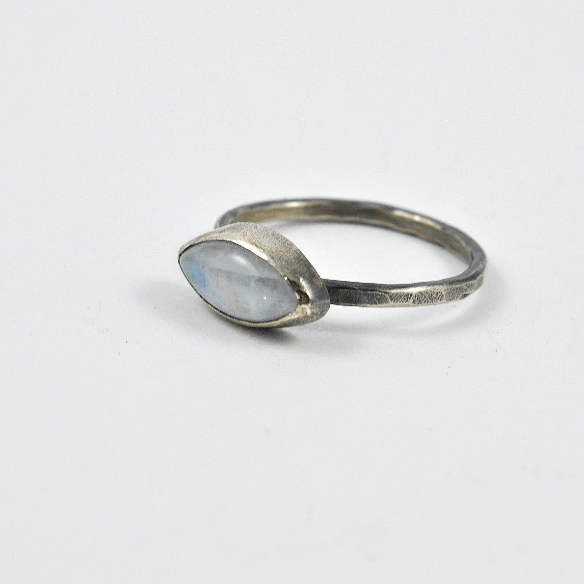 Marquise Shaped Rainbow Moonstone Ring in Patinated Sterling Silver